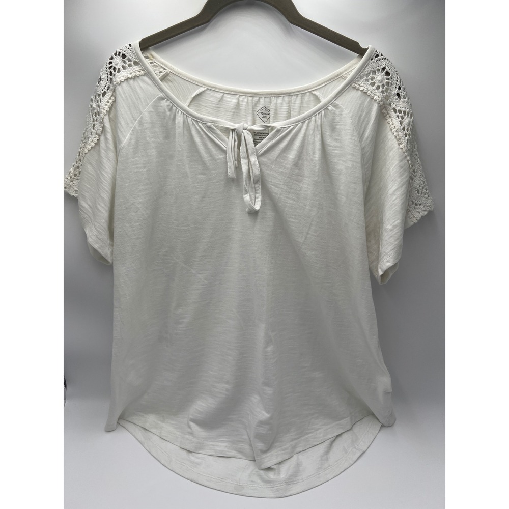 St Johns Bay Womens XXL White Crochet Lace Shoulder Tie Neck Slub Knit Top